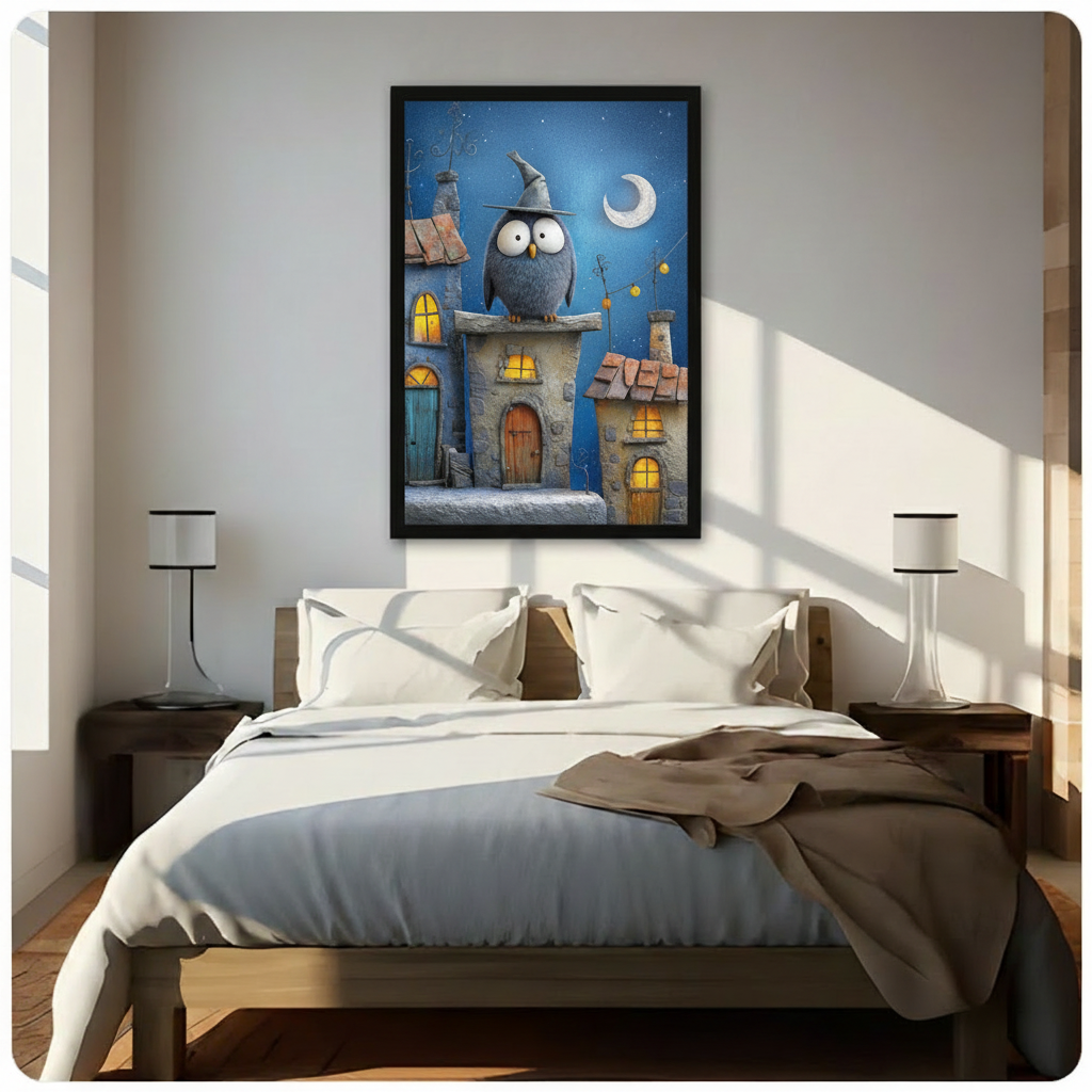 Fantasy owl framed art print above bed in bright bedroom — round owl in wizard hat, glowing village windows, moonlit night canvas decor