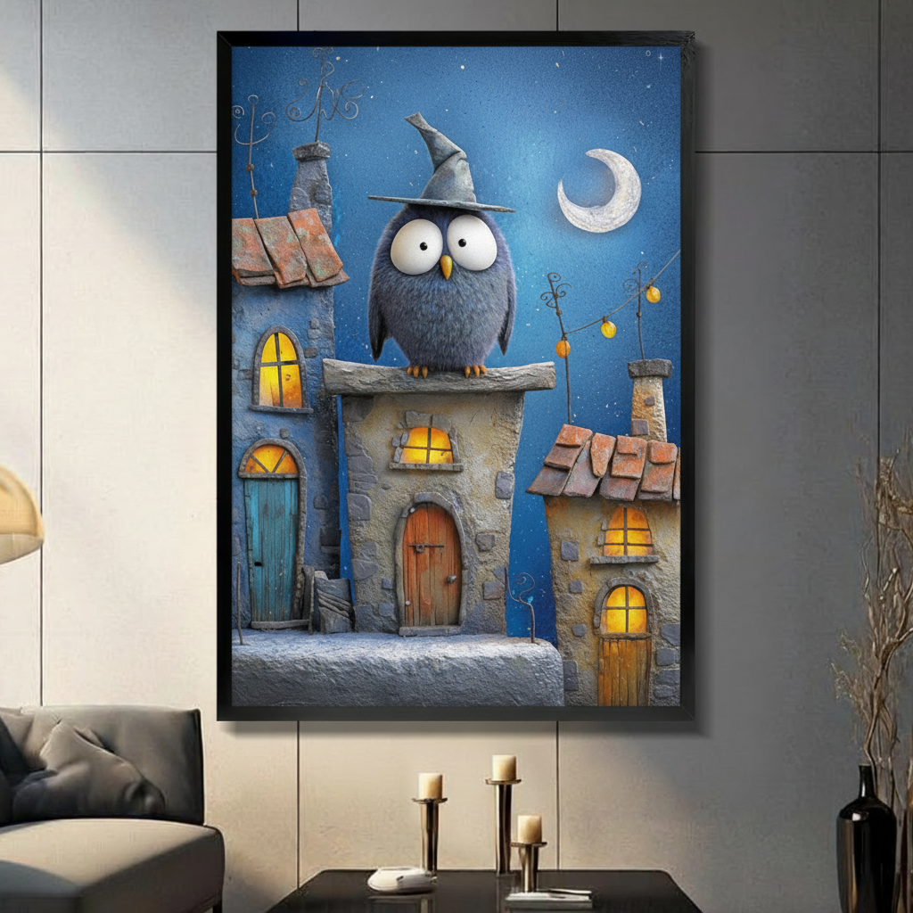 Black framed wizard owl canvas print in dark modern interior — cute owl in witch hat above glowing stone village, fantasy night wall decor