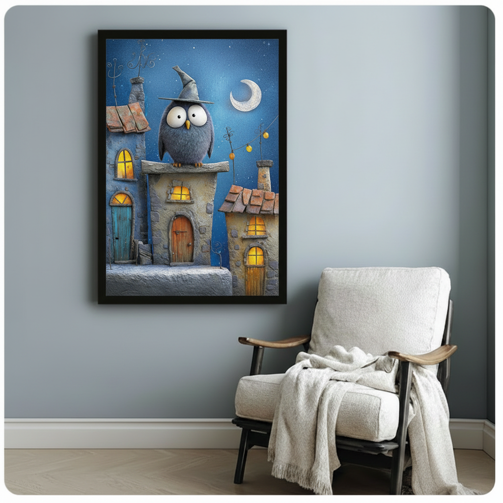 Whimsical wizard owl wall art in black frame above armchair — cute owl in witch hat on moonlit stone village, fantasy canvas print