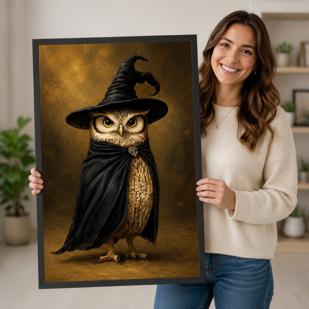 Smiling woman holding a large black-framed wizard owl portrait print in a bright home interior lifestyle setting