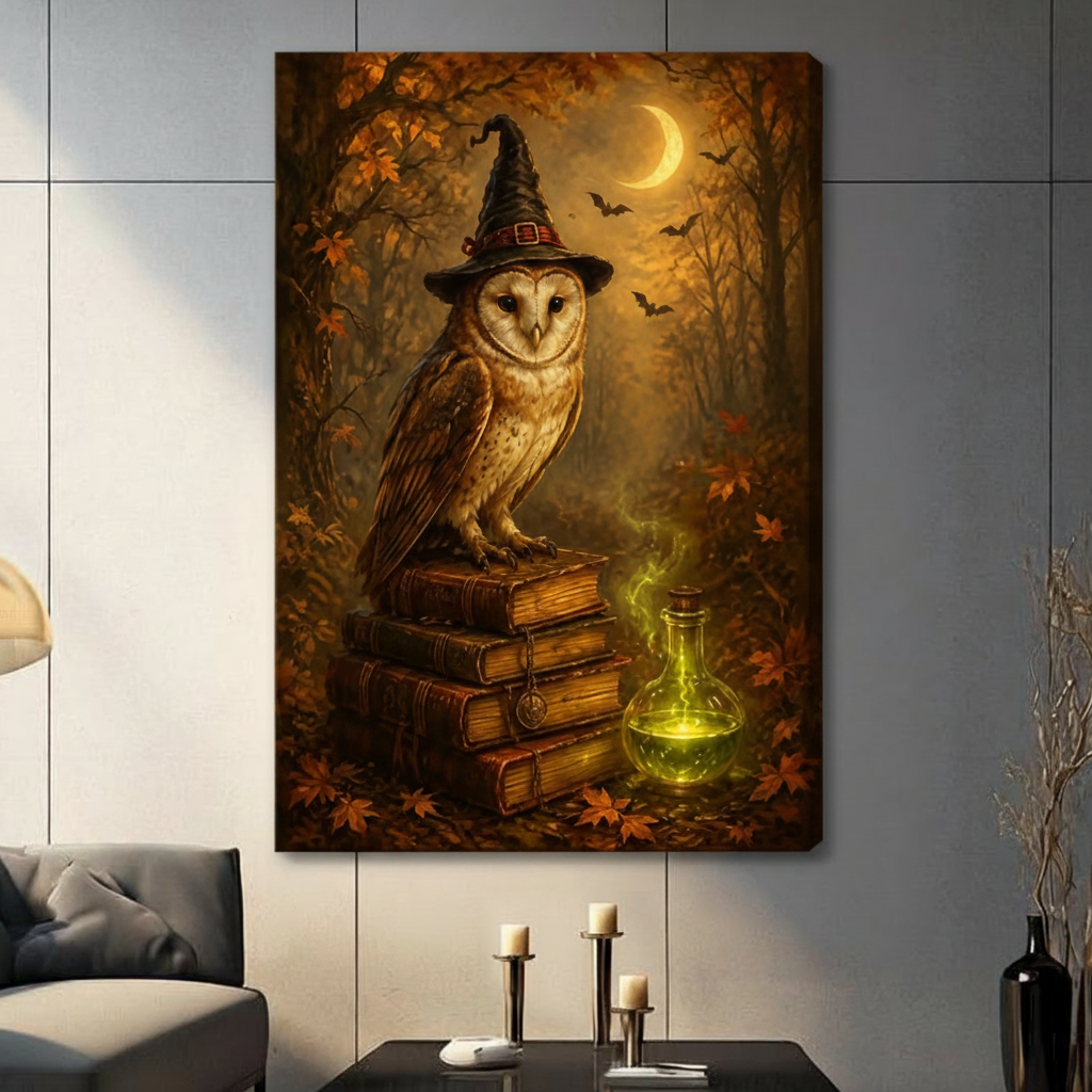 Gallery wrap stretched canvas of a majestic barn owl in a tall black witch hat with buckle seated atop a pile of worn leather-bound spell books next to a luminous yellow-green glowing potion flask crescent moon and bat silhouettes above a moody amber autumn forest gothic Halloween wizard owl oil painting hung frameless on a light gray paneled wall above a charcoal sofa with white candle holders and black bud vase