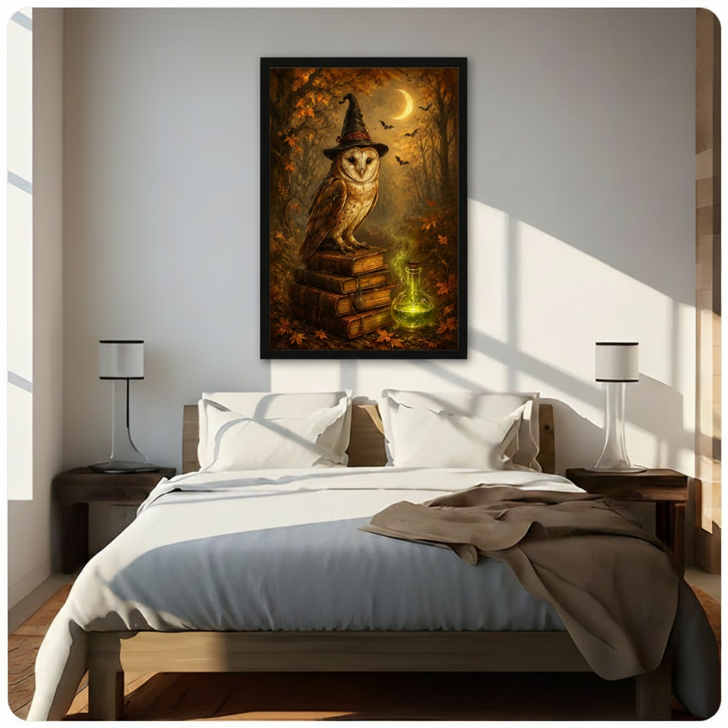 Black framed dramatic gothic Halloween canvas wall art of a barn owl with piercing eyes wearing a tall black pointed witch hat with a buckle perched on a stack of aged leather spell books beside a glowing green magic potion flask crescent moon and bat silhouettes above a warm amber autumn forest rich dark oil painting tones hung in bright diagonal sunlight above a dark wood platform bed with white linen bedding and matching slim white bedside lamps