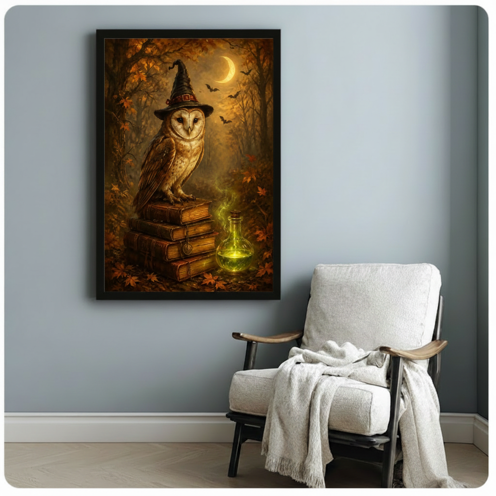 Black framed enchanting gothic Halloween canvas print of a wide-eyed barn owl wearing a dramatic black pointed wizard hat perched on stacked antique books with a glowing green magic potion bottle at its side crescent moon glowing through dark autumn trees with bats in the amber sky rich warm oil painting tones hung on a soft blue-gray wall beside a white upholstered wood folding chair with a cream knit throw