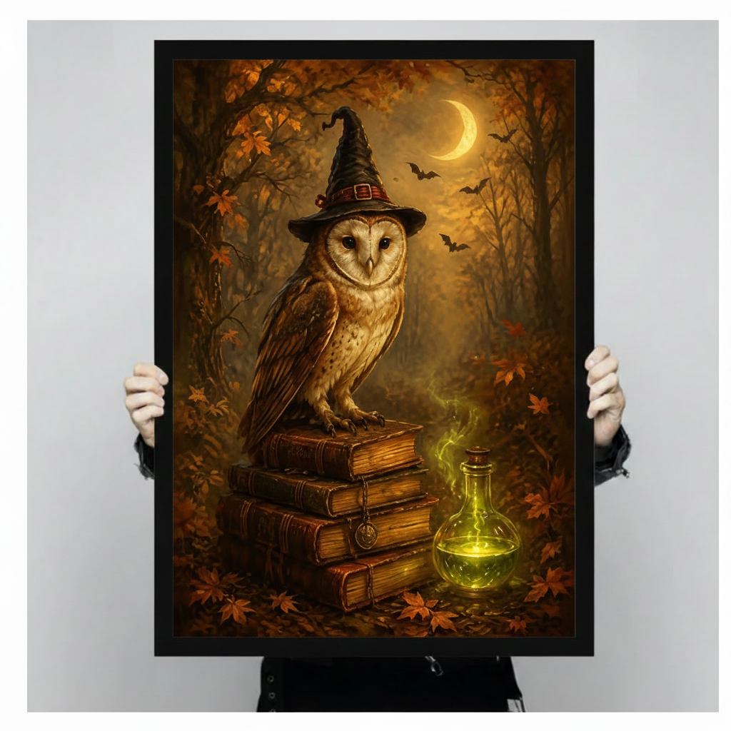 Two hands in black jacket sleeves holding a large black framed gothic Halloween oil painting of a barn owl in a wide-brim black witch hat sitting on a stack of old spell books beside a glowing yellow-green potion bottle crescent moon and bats in a warm amber autumn forest background wizard owl fantasy canvas art print, front-facing vertical product size display