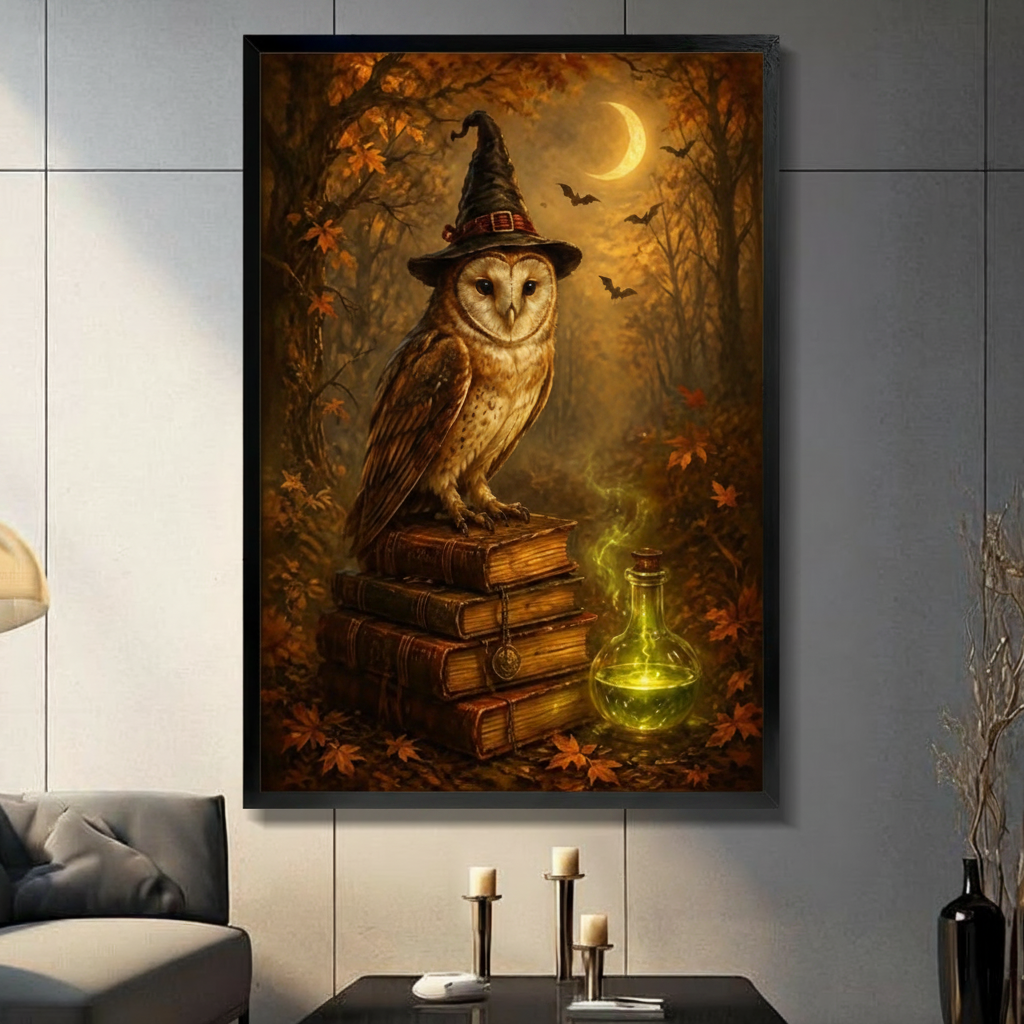 Black framed gothic Halloween oil painting of a barn owl wearing a wide-brim black pointed witch hat with a buckle detail perched on a stack of three thick antique spell books beside a glowing green potion bottle with a crescent moon and bats flying through a warm amber autumn forest background wizard owl fantasy canvas wall art displayed in a modern light gray paneled living room with charcoal sofa black coffee table and three white pillar candles beside a slim black vase