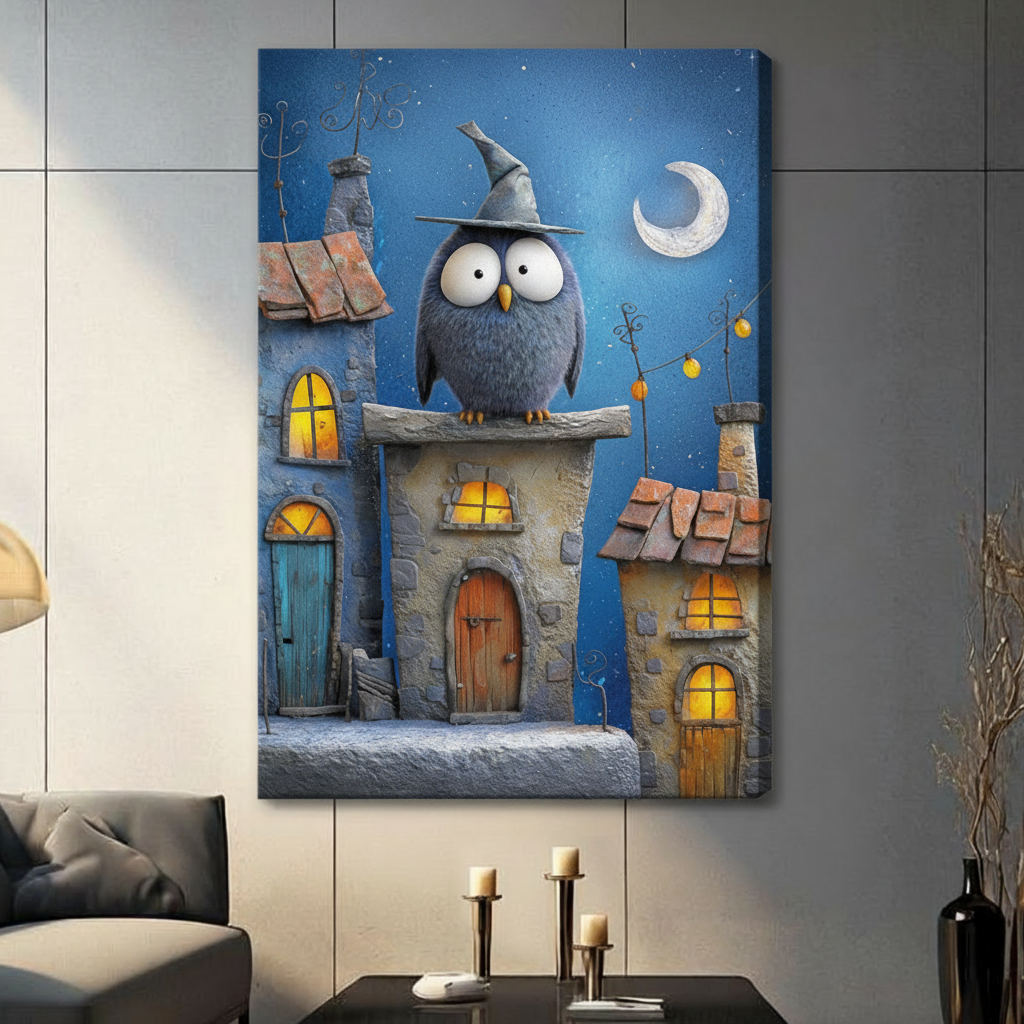 Large fantasy owl canvas wall art without frame in contemporary living space — oversized wizard owl night scene, 3D textured oil painting style