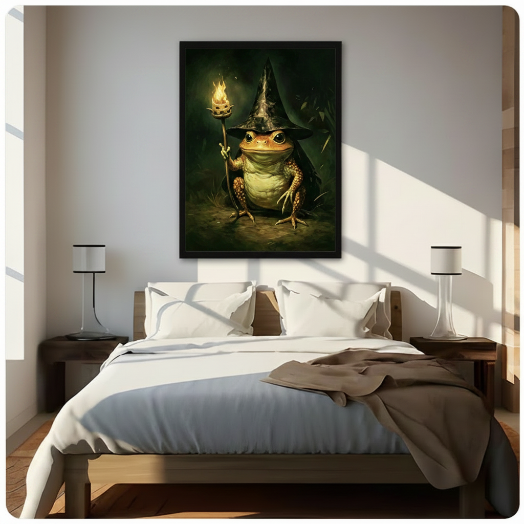 Black framed dramatic whimsical fantasy canvas wall art of a plump golden-brown toad with intense eyes wearing a tall black wizard hat and dark cloak seated front-facing and holding a flaming branch staff with a bright orange fire at the tip rich textured skin and deep dark emerald forest background with warm glowing light halo wizard toad oil painting hung in bright diagonal sunlight above a dark wood platform bed with white linen bedding and matching slim black bedside lamps
