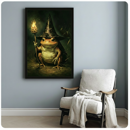 Black framed enchanting fantasy oil painting of a chubby golden-brown toad with piercing eyes wearing a wide black witch hat and dark cloak holding a flaming branch staff with a vivid orange fire at the top detailed bumpy skin texture and rich dark green moody forest background warm amber light halo whimsical wizard toad canvas print hung on a soft blue-gray wall beside a white upholstered wood folding chair with a cream knit throw