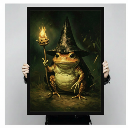 Two hands in black jacket sleeves holding a large black framed fantasy oil painting of a stout golden toad in a black wizard hat and dark cloak sitting upright and raising a branch staff with a glowing orange flame at the tip bold direct gaze and textured warty skin deep dark green forest background with warm golden light whimsical wizard toad canvas art print, front-facing vertical product size display