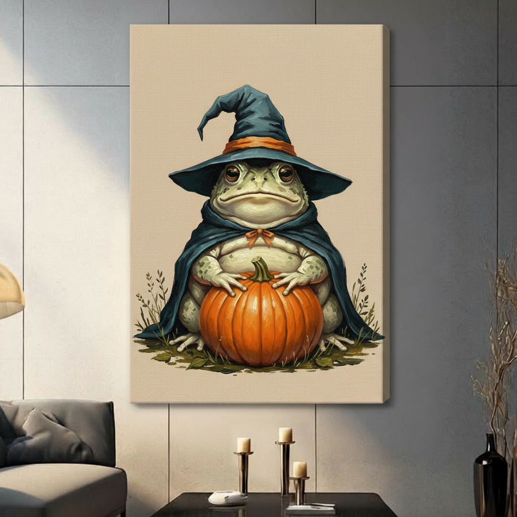 Plump green toad dressed in a wide-brimmed teal witch hat and dark cape with orange ribbon bow holding a round harvest pumpkin on a warm linen background cottagecore Halloween animal wall art stretched canvas in a living room with dark gray panel wall sofa candle holders and black vase