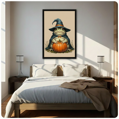 Whimsical vintage art of a chubby green toad wearing a teal wizard hat and cloak sitting with a harvest pumpkin on a warm linen background with dried herb stems funny Halloween frog wall art framed print above a bedroom with white linen bedding dark wood bed frame and white table lamps