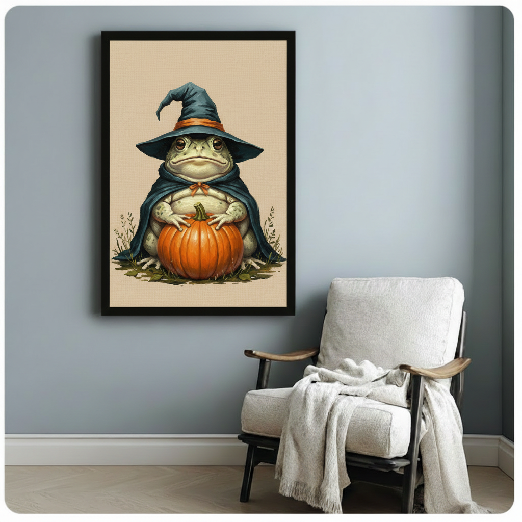 Vintage whimsical illustration of a fat toad in a teal wizard hat and cloak clutching a bright orange pumpkin with wild grass around its feet on a warm cream background funny Halloween frog wall art framed print beside a white linen armchair with a cream throw blanket on a blue gray wall