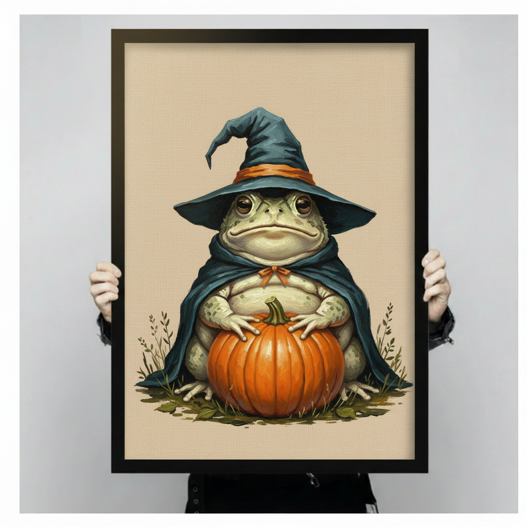 Charming illustration of a round toad in a tall teal witch hat and dark cloak with an orange bow resting its hands on a large pumpkin on a warm beige textured background cottagecore Halloween wall art framed print held against a light gray background