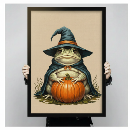 Charming illustration of a round toad in a tall teal witch hat and dark cloak with an orange bow resting its hands on a large pumpkin on a warm beige textured background cottagecore Halloween wall art framed print held against a light gray background
