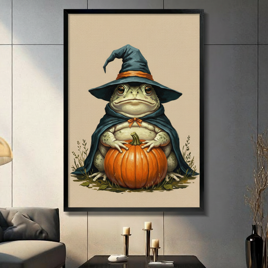 Chubby toad wearing a teal wizard hat and matching cloak sitting with both hands resting on a large orange pumpkin surrounded by dry grass on a warm beige linen background whimsical Halloween frog wall art framed print in a living room with dark gray panel wall sofa candle holders and black vase