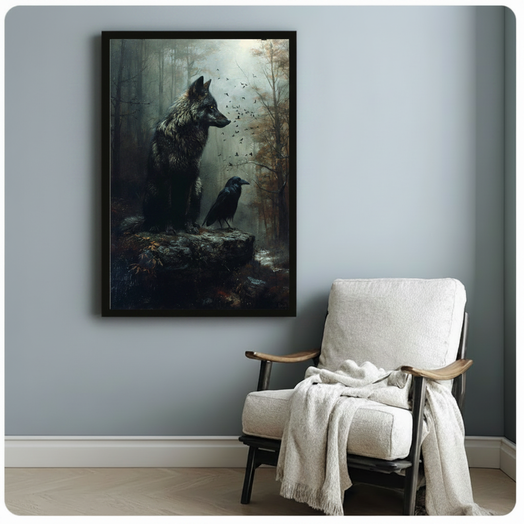 Framed dark forest wolf and raven painting on a blue-gray wall beside a linen armchair, gothic home decor accent