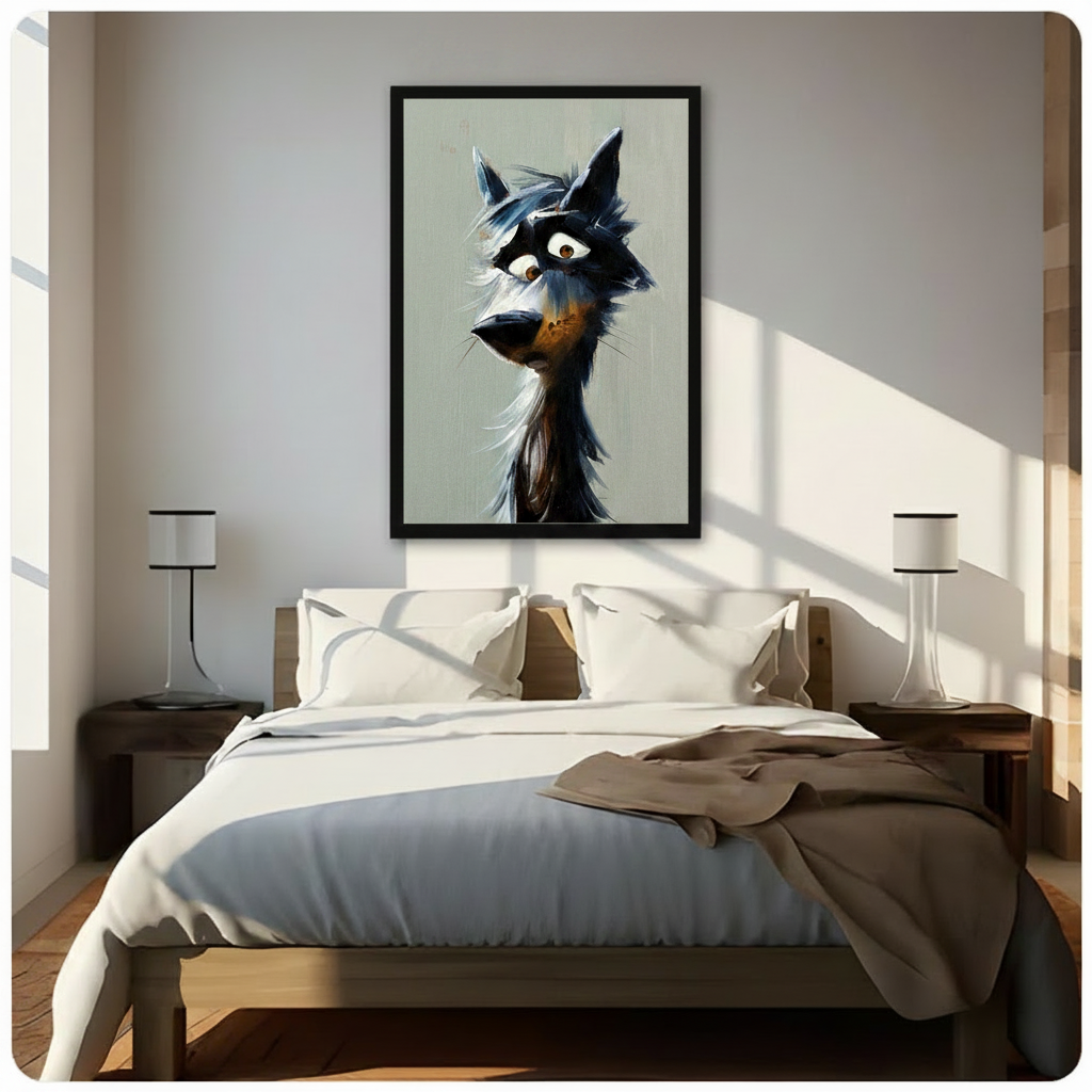 Expressive cartoon wolf portrait framed canvas print above bed, bold character animal wall art adding dramatic personality to bright neutral bedroom