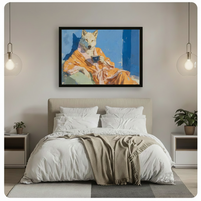 Black framed wolf coffee art canvas above a neutral linen bed, featuring an illustrated white wolf in orange robes in a moody blue interior setting