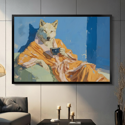 Framed canvas wall art of an anthropomorphic white wolf in an orange robe holding a coffee cup, displayed in a modern living room above a sideboard