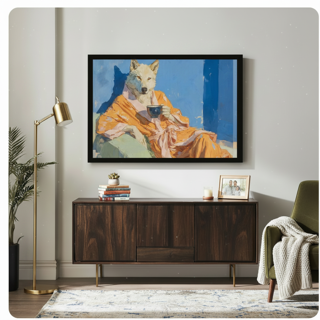 Framed anthropomorphic wolf wall art print displayed above a dark walnut sideboard in a bright living room, bold blue and amber tones with cozy coffee theme