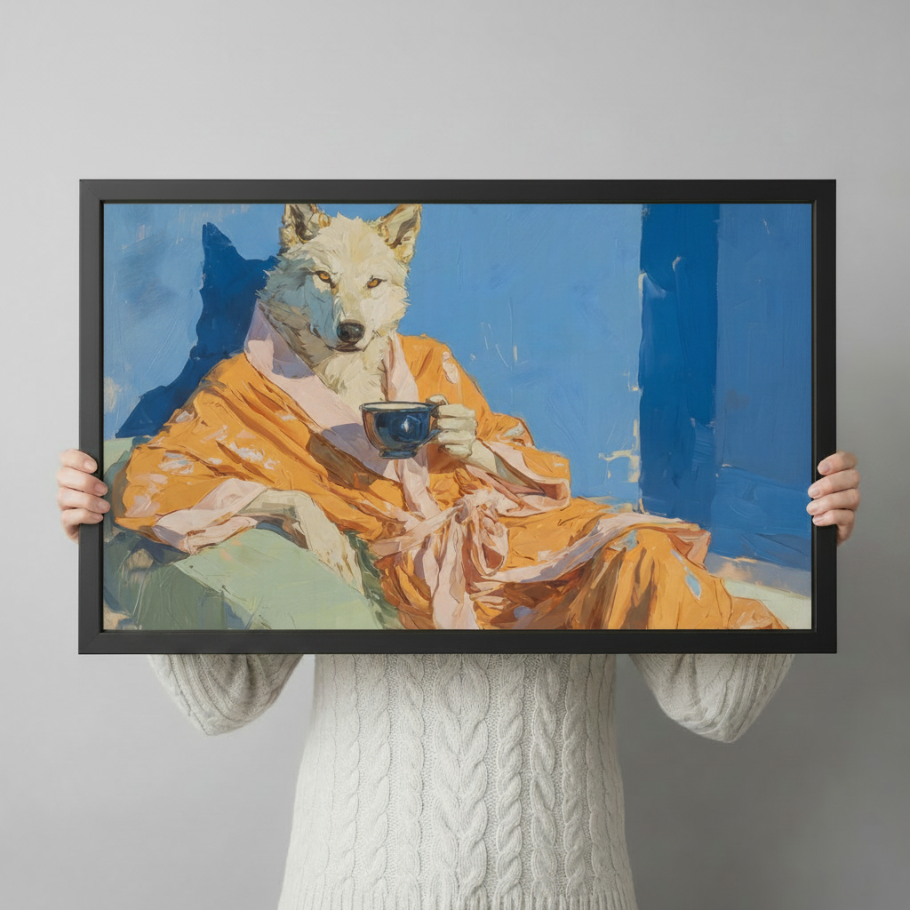 Person holding a black-framed art print of a relaxed white wolf in an amber robe with a dark coffee cup, showcasing print size and frame detail