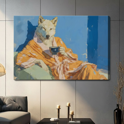 Gallery-wrapped canvas print featuring a white wolf dressed in golden robes sipping espresso against a bold blue background, hung in a contemporary living space