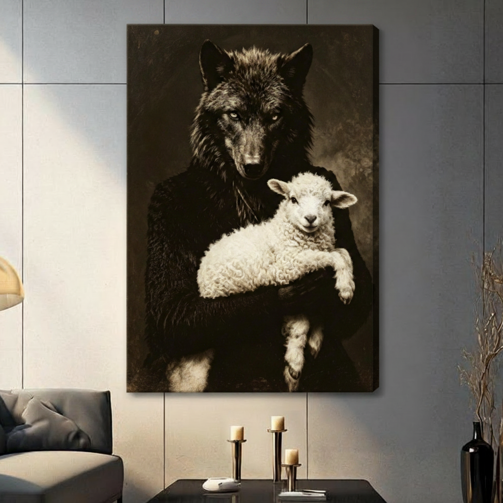 Gallery wrap stretched canvas of a dark-furred wolf standing upright and gently holding a soft white lamb with a calm expression dramatic vintage animal portrait oil painting with rich sepia brown tones and strong light and shadow contrast hung frameless on a gray tile wall above a dark sofa with metal candlesticks