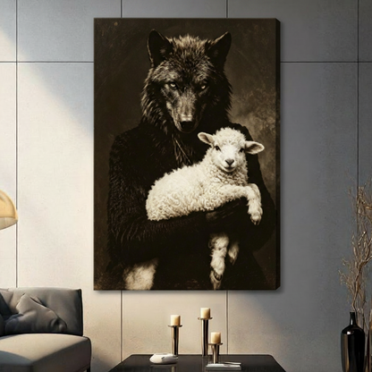 Gallery wrap stretched canvas of a dark-furred wolf standing upright and gently holding a soft white lamb with a calm expression dramatic vintage animal portrait oil painting with rich sepia brown tones and strong light and shadow contrast hung frameless on a gray tile wall above a dark sofa with metal candlesticks