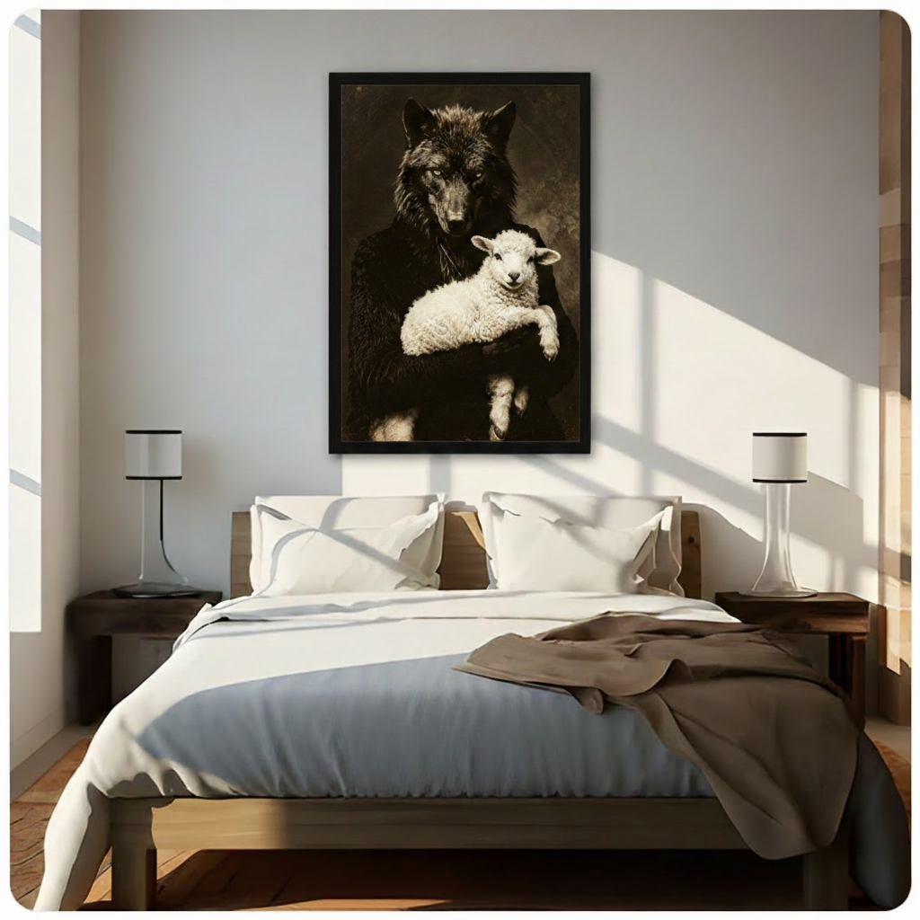 Black framed atmospheric dark academia vintage portrait of a powerful black wolf tenderly holding a soft white lamb with a serene expression dramatic animal oil painting canvas wall art in rich sepia brown tones hung in bright diagonal sunlight above a dark wood bed with white linen bedding and matching wood nightstands