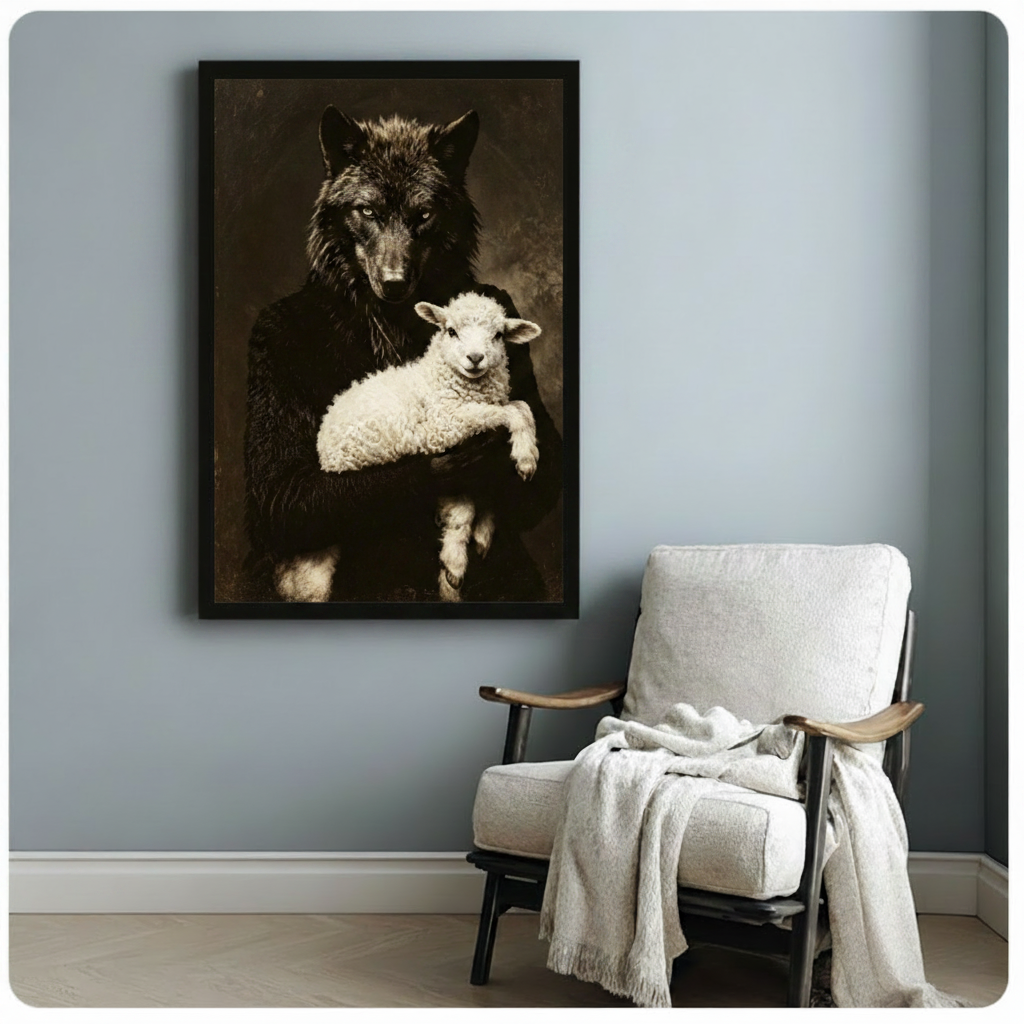 Black framed moody vintage wolf and lamb portrait featuring a fierce black wolf with sharp golden eyes tenderly embracing a fluffy white lamb dark academia animal oil painting with deep brown atmospheric background hung on a soft blue-gray wall beside a white linen wood folding chair with a draped cream throw