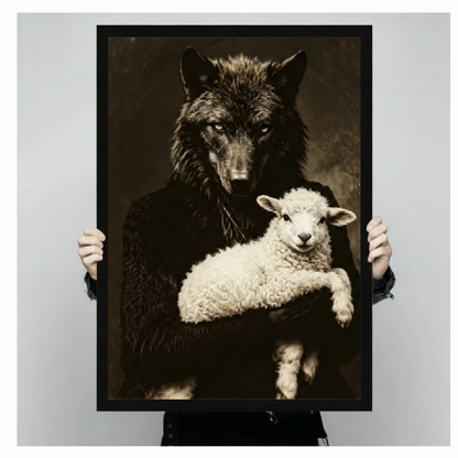 Two hands holding a large black framed dramatic vintage portrait of a black wolf with intense piercing eyes cradling a gentle white fluffy lamb dark academia animal oil painting canvas art print in deep sepia brown tones with strong chiaroscuro lighting, front-facing vertical product size display