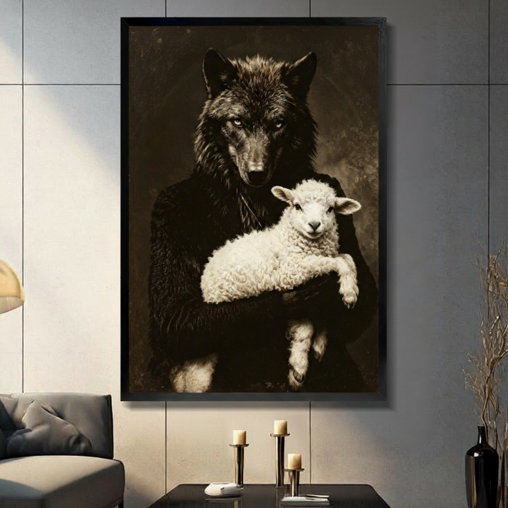 Black framed dark academia vintage portrait of a powerful black wolf with piercing eyes cradling a fluffy white lamb in its arms dramatic chiaroscuro animal oil painting canvas wall art on deep brown smoky background displayed in a modern gray living room with dark sofa black coffee table and metal candlesticks