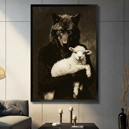 Black framed dark academia vintage portrait of a powerful black wolf with piercing eyes cradling a fluffy white lamb in its arms dramatic chiaroscuro animal oil painting canvas wall art on deep brown smoky background displayed in a modern gray living room with dark sofa black coffee table and metal candlesticks