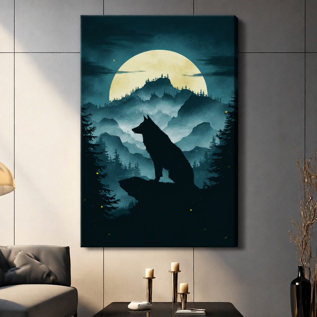 Gothic silhouette of a wolf sitting on a rocky ledge against a glowing full moon misty pine forest and mountain landscape wall art stretched canvas light gray panel wall living room