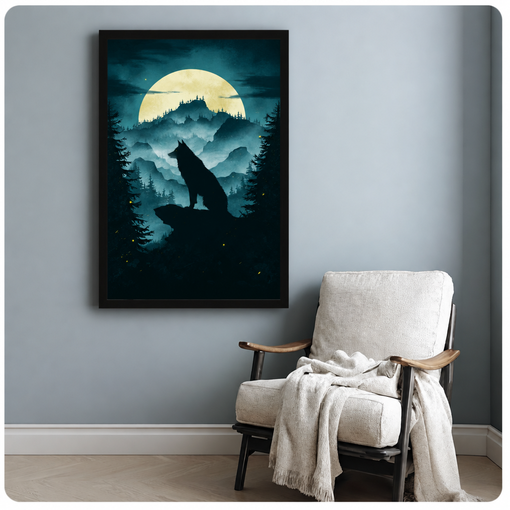 Gothic silhouette of a wolf sitting on a rocky ledge against a glowing full moon misty pine forest and mountain landscape wall art framed print beside armchair blue-gray wall