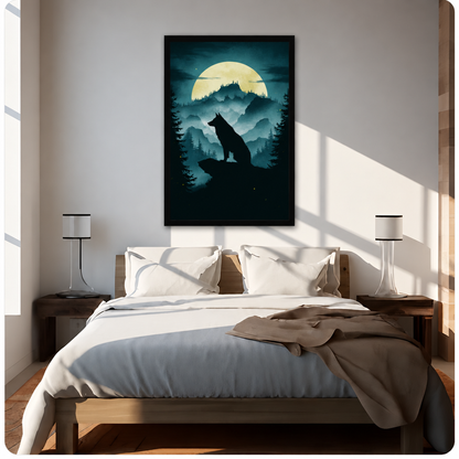 Gothic silhouette of a wolf sitting on a rocky ledge against a glowing full moon misty pine forest and mountain landscape wall art framed print above bed sunlit bedroom