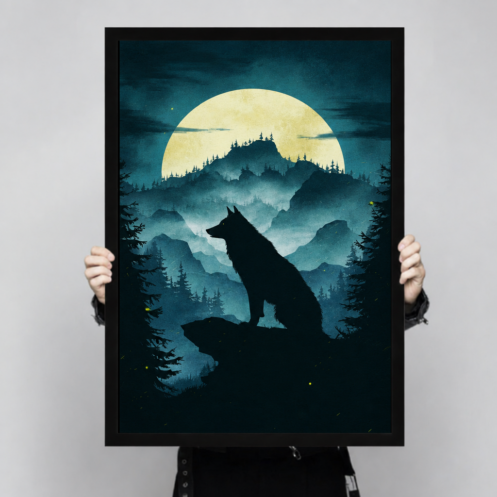 Gothic silhouette of a wolf sitting on a rocky ledge against a glowing full moon misty pine forest and mountain landscape wall art framed print held up