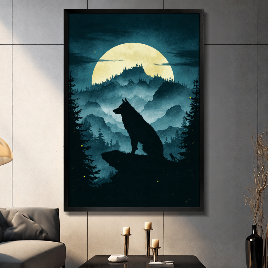 Gothic silhouette of a wolf sitting on a rocky ledge against a glowing full moon misty pine forest and mountain landscape wall art framed print light gray panel wall living room