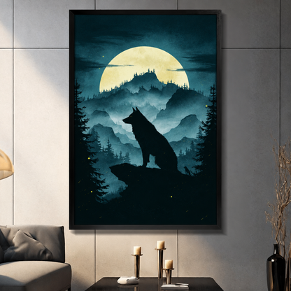 Gothic silhouette of a wolf sitting on a rocky ledge against a glowing full moon misty pine forest and mountain landscape wall art framed print light gray panel wall living room