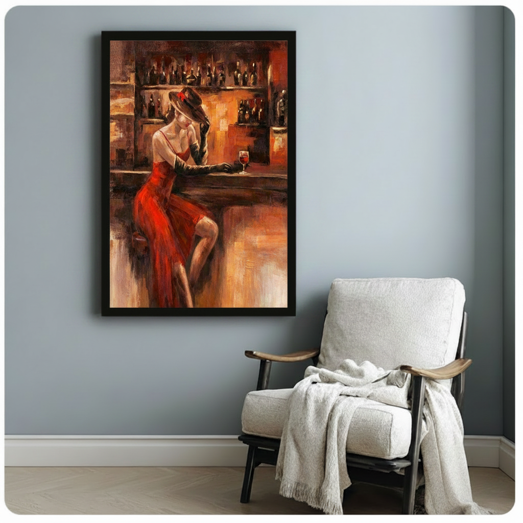 Vintage bar painting framed artwork on blue grey wall beside cozy armchair and throw
