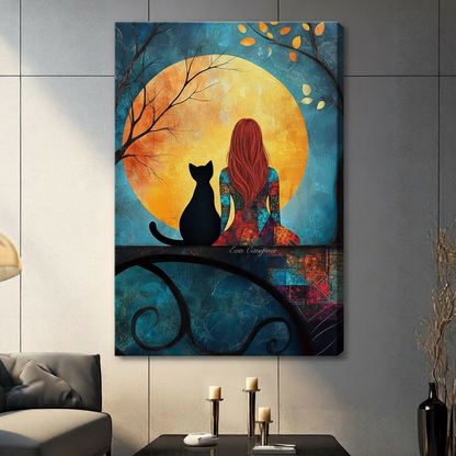 Colorful painting of a red-haired woman sitting beside a black cat on an ornate iron balcony railing in front of a large golden full moon and teal autumn night sky cat and woman wall art stretched canvas in living room with light gray panel wall and dark sofa