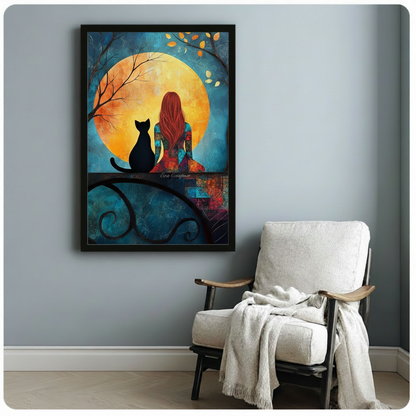 Colorful painting of a red-haired woman sitting beside a black cat on an ornate iron balcony railing in front of a large golden full moon and teal autumn night sky cat and woman wall art framed print beside linen armchair on blue-gray wall