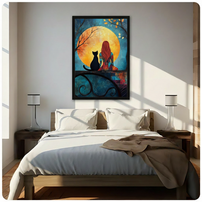 Colorful painting of a red-haired woman sitting beside a black cat on an ornate iron balcony railing in front of a large golden full moon and teal autumn night sky cat and woman wall art framed print above bedroom with white bedding and dark wood bedside tables
