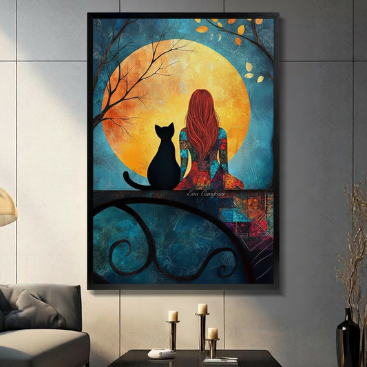 Colorful painting of a red-haired woman sitting beside a black cat on an ornate iron balcony railing in front of a large golden full moon and teal autumn night sky cat and woman wall art framed print in living room with light gray panel wall and dark sofa