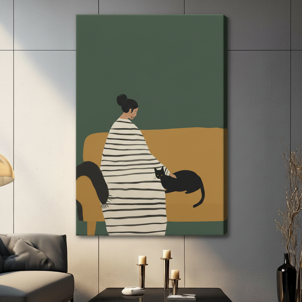 Gallery wrap canvas of woman and black cat on golden couch, minimalist boho illustration wall art for living room or bedroom