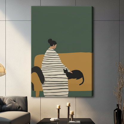 Gallery wrap canvas of woman and black cat on golden couch, minimalist boho illustration wall art for living room or bedroom