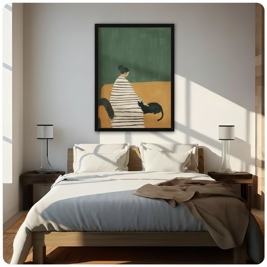 Minimalist framed art print of woman in striped top with black cat above bed in bright bedroom, boho cat lover wall decor