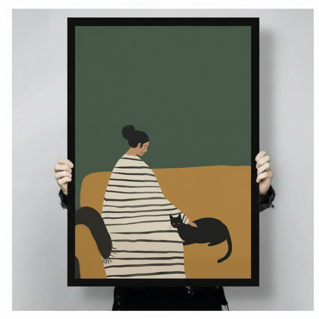Close-up of black framed woman and black cat wall art print held by hands, showing minimalist flat illustration style with green and mustard palette