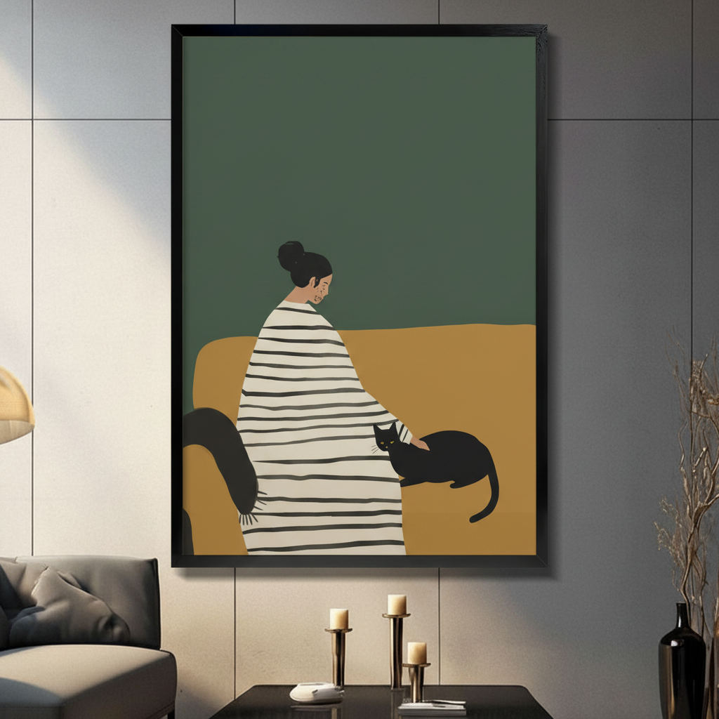 Framed minimalist wall art print of woman in striped robe sitting with black cat on mustard sofa, green background, modern living room decor