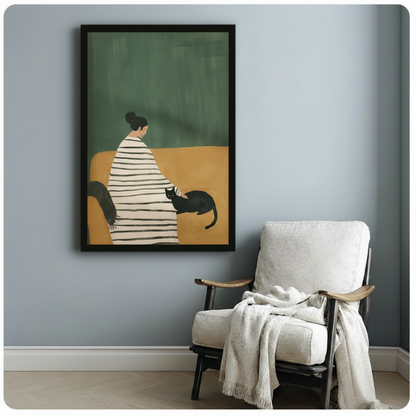 Black framed woman with cat minimalist art print on blue-gray wall beside linen armchair, earthy toned figurative illustration